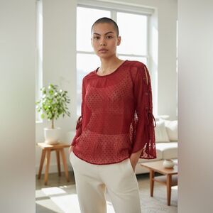 NWOT Xtraordinary Women’s Sheer Red Polka Dot Bell Sleeve Blouse Top - Size S